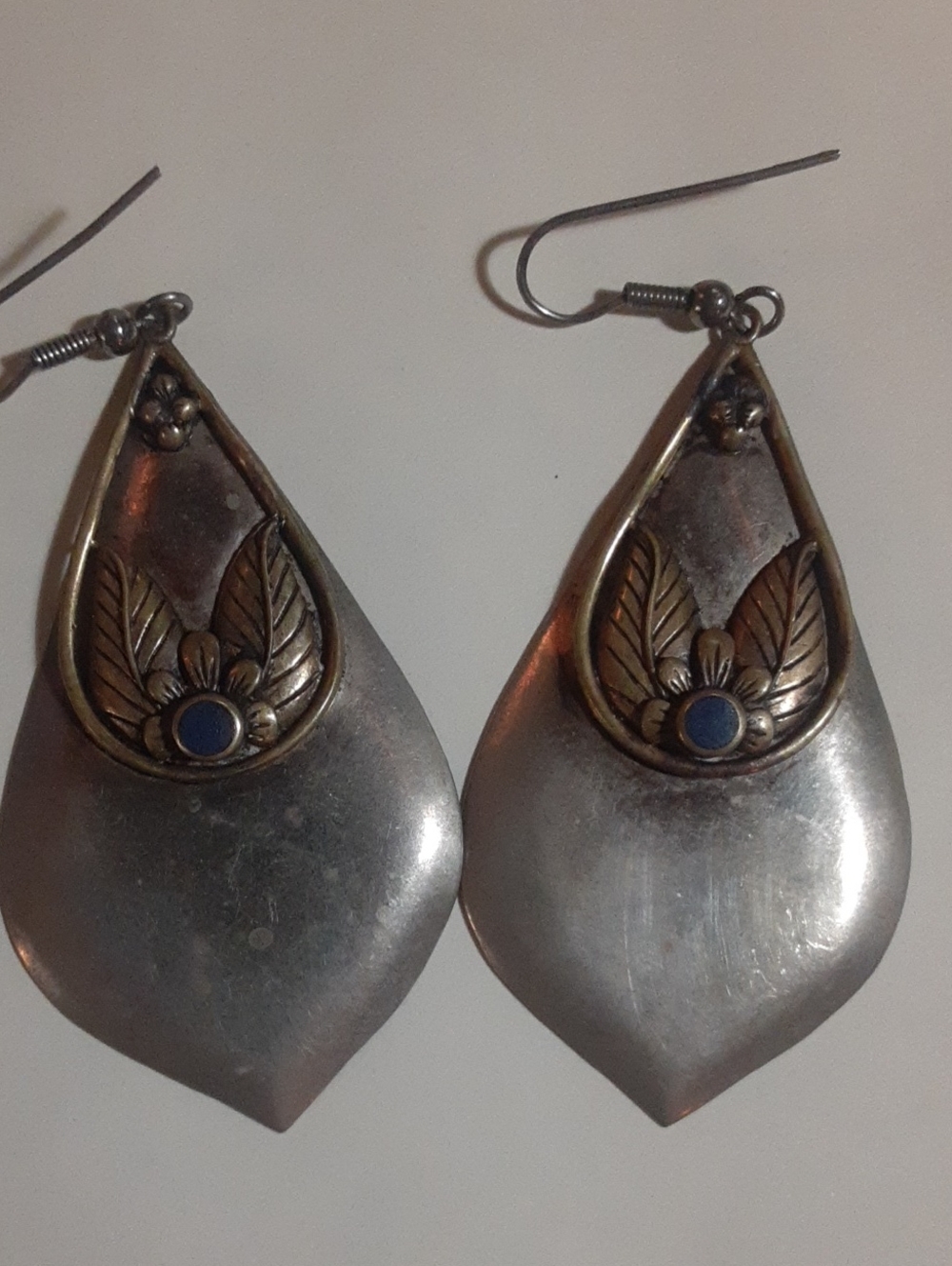Vintage Large Sterling, Brass & Lapis Floral Teardrop Earrings 2.25 t x 1.25 w